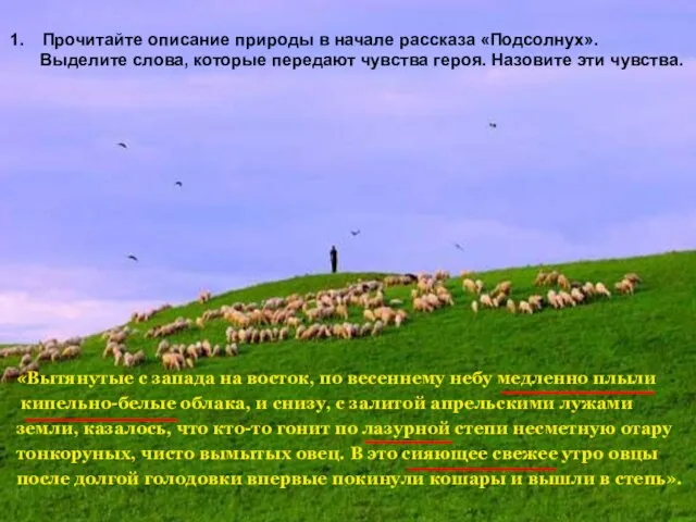 Прочитайте описание природы в начале рассказа «Подсолнух». Выделите слова, которые передают