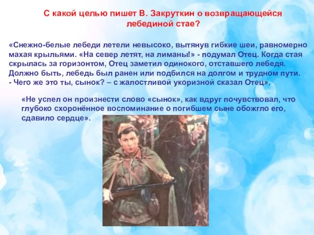 С какой целью пишет В. Закруткин о возвращающейся лебединой стае? «Снежно-белые