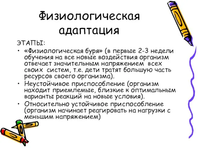 Физиологическая адаптация ЭТАПЫ: «Физиологическая буря» (в первые 2-3 недели обучения на