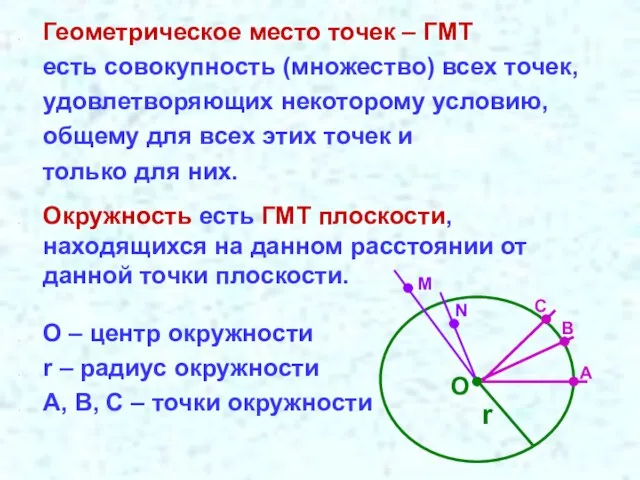 Геометрическое место точек – ГМТ есть совокупность (множество) всех точек, удовлетворяющих