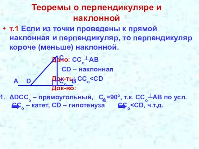 Теоремы о перпендикуляре и наклонной т.1 Если из точки проведены к