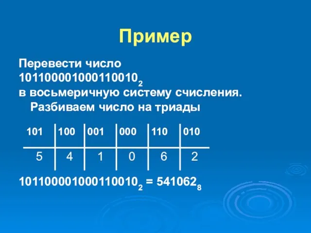 Пример Перевести число 1011000010001100102 в восьмеричную систему счисления. Разбиваем число на триады 1011000010001100102 = 5410628