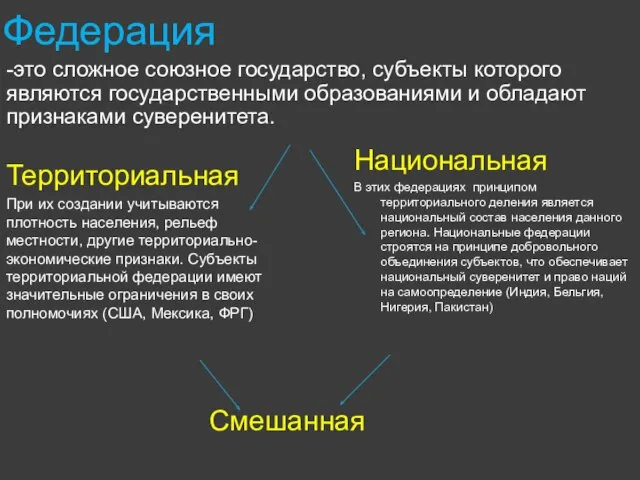 Федерация -это сложное союзное государство, субъекты которого являются государственными образованиями и