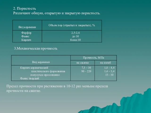 2. Пористость Различают общую, открытую и закрытую пористость. 3.Механическая прочность Предел