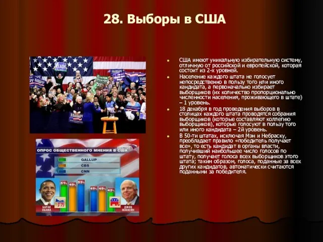 28. Выборы в США США имеют уникальную избирательную систему, отличную от