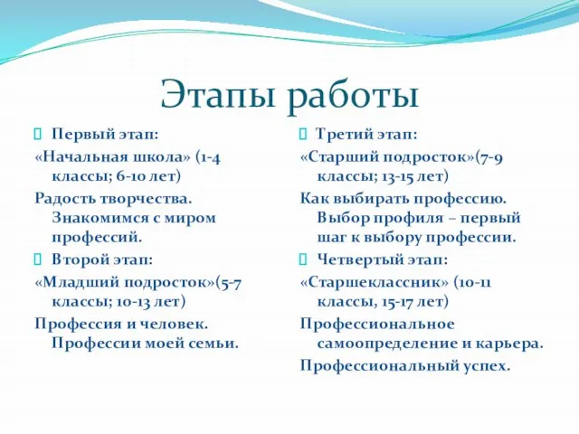 Этапы работы Первый этап: «Начальная школа» (1-4 классы; 6-10 лет) Радость