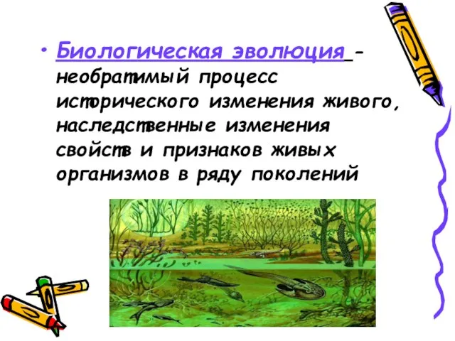 Биологическая эволюция -необратимый процесс исторического изменения живого, наследственные изменения свойств и