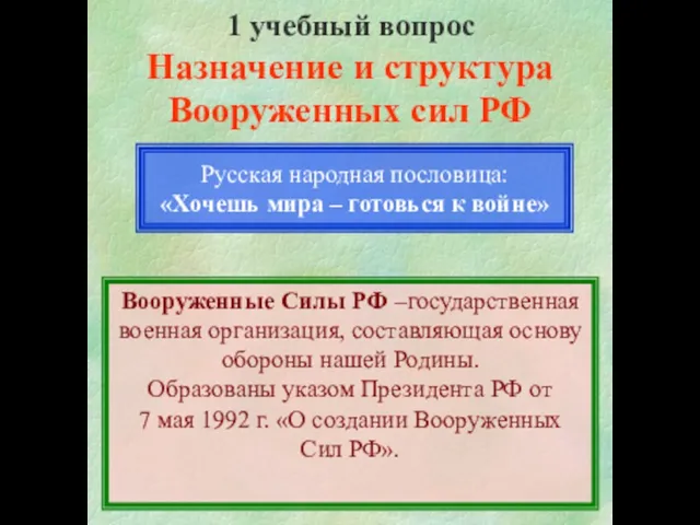 Русская народная пословица: «Хочешь мира – готовься к войне» 1 учебный