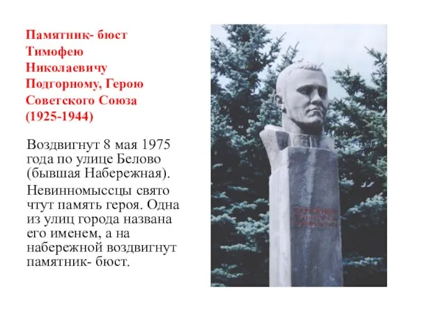 Памятник- бюст Тимофею Николаевичу Подгорному, Герою Советского Союза (1925-1944) Воздвигнут 8