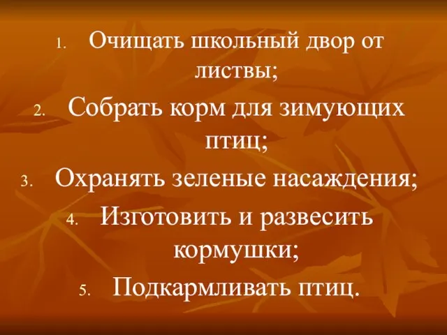 Очищать школьный двор от листвы; Собрать корм для зимующих птиц; Охранять