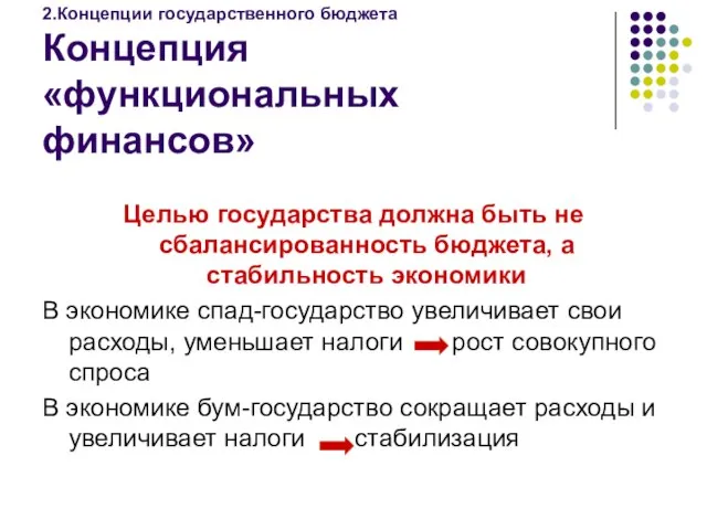 2.Концепции государственного бюджета Концепция «функциональных финансов» Целью государства должна быть не