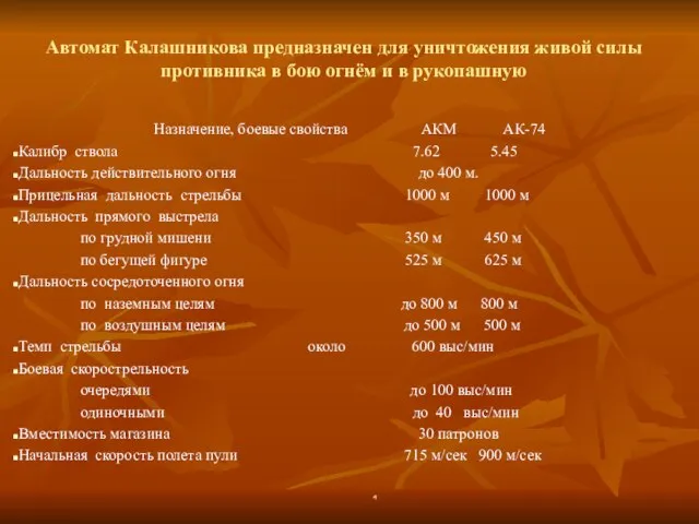 Автомат Калашникова предназначен для уничтожения живой силы противника в бою огнём