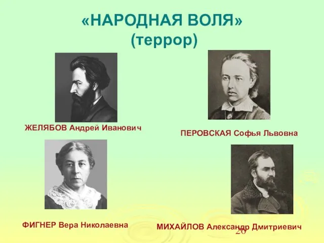 «НАРОДНАЯ ВОЛЯ» (террор) ЖЕЛЯБОВ Андрей Иванович ПЕРОВСКАЯ Софья Львовна ФИГНЕР Вера Николаевна МИХАЙЛОВ Александр Дмитриевич