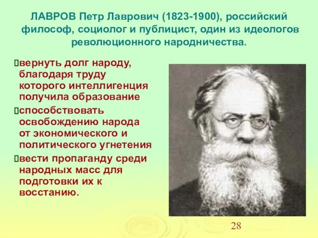 ЛАВРОВ Петр Лаврович (1823-1900), российский философ, социолог и публицист, один из