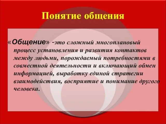 Понятие общения «Общение» -это сложный многоплановый процесс установления и развития контактов