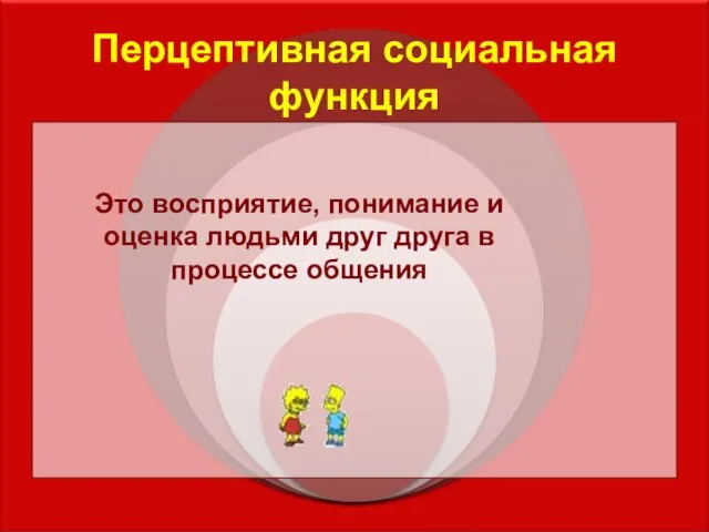 Перцептивная социальная функция Это восприятие, понимание и оценка людьми друг друга в процессе общения