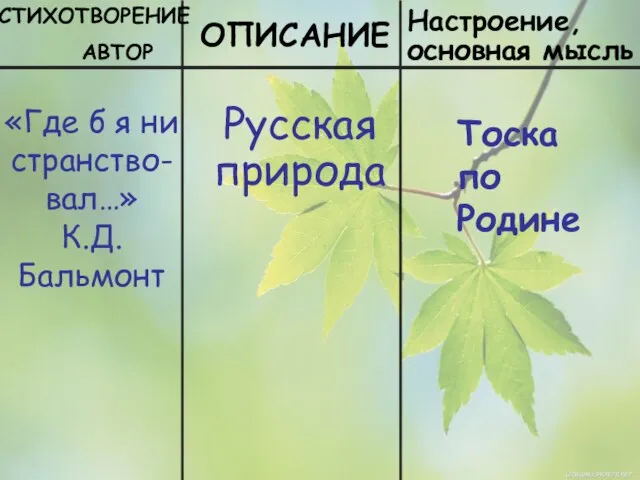 СТИХОТВОРЕНИЕ АВТОР ОПИСАНИЕ Настроение, основная мысль «Где б я ни странство-вал…»