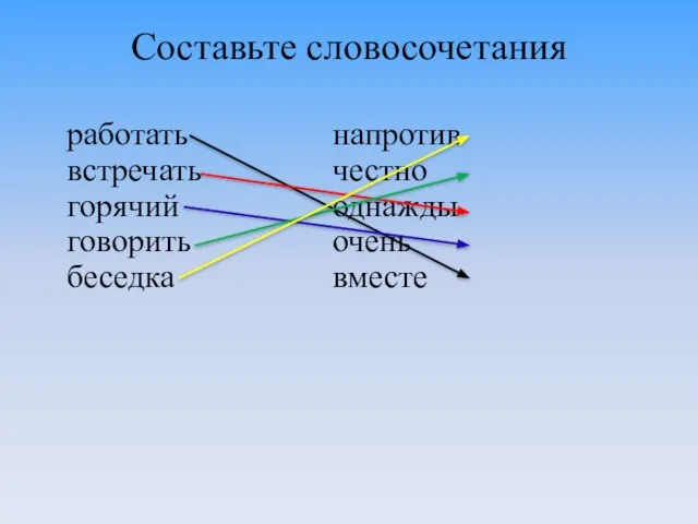 Составьте словосочетания работать напротив встречать честно горячий однажды говорить очень беседка вместе