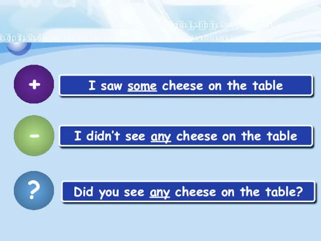 + I saw some cheese on the table - I didn’t