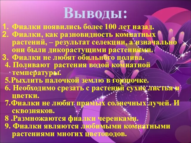 Выводы: Фиалки появились более 100 лет назад. Фиалки, как разновидность комнатных