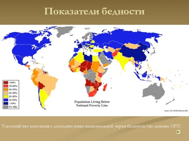 Показатели бедности Удельный вес населения с доходами ниже национальной черты бедности (по данным ЦРУ)