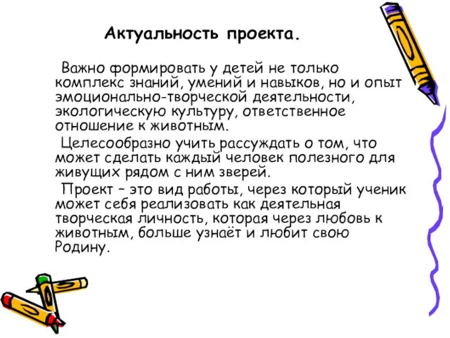 Актуальность проекта. Важно формировать у детей не только комплекс знаний, умений