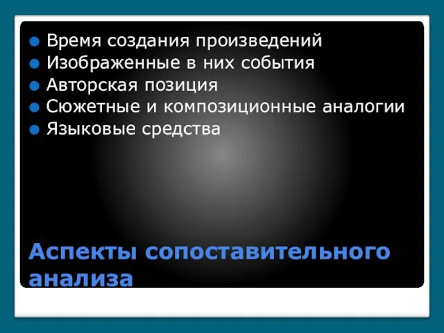 Аспекты сопоставительного анализа Время создания произведений Изображенные в них события Авторская