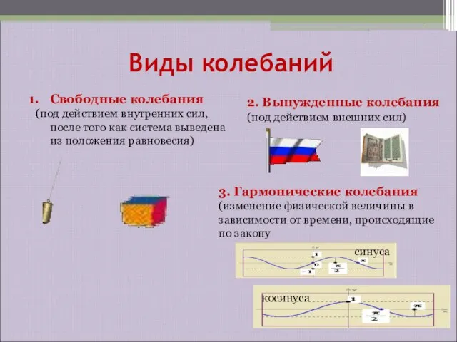 Виды колебаний Свободные колебания (под действием внутренних сил, после того как