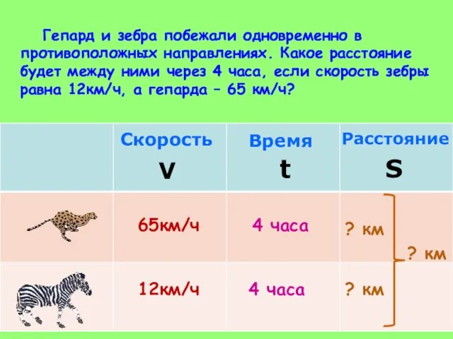 65км/ч 12км/ч 4 часа 4 часа ? км ? км Гепард