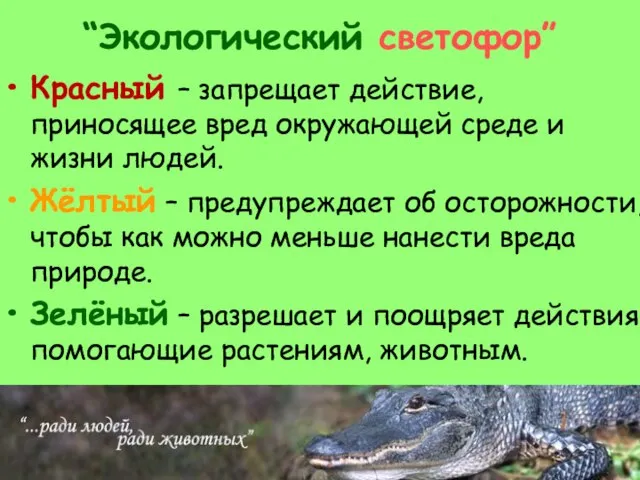 “Экологический светофор” Красный – запрещает действие, приносящее вред окружающей среде и