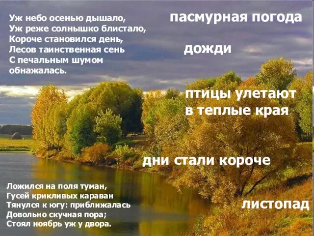 Уж небо осенью дышало, Уж реже солнышко блистало, Короче становился день,