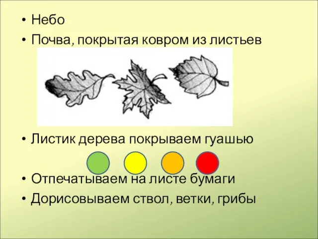 Небо Почва, покрытая ковром из листьев Листик дерева покрываем гуашью Отпечатываем