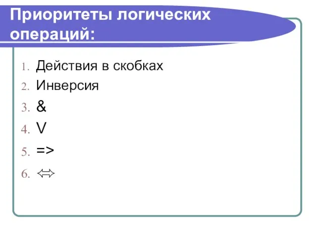 Приоритеты логических операций: Действия в скобках Инверсия & V => ⬄