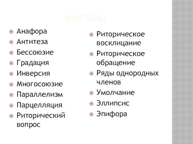 ФИГУРЫ Анафора Антитеза Бессоюзие Градация Инверсия Многосоюзие Параллелизм Парцелляция Риторический вопрос