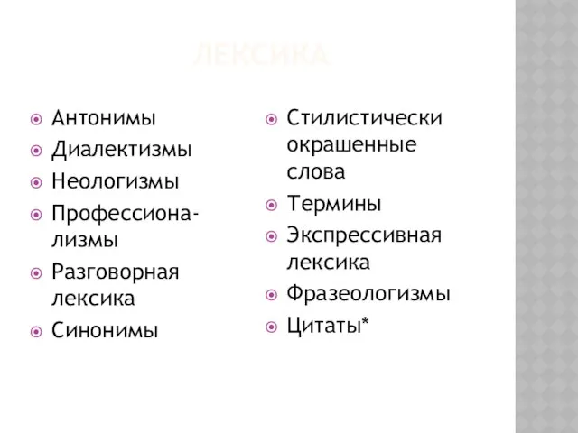 ЛЕКСИКА Антонимы Диалектизмы Неологизмы Профессиона-лизмы Разговорная лексика Синонимы Стилистически окрашенные слова Термины Экспрессивная лексика Фразеологизмы Цитаты*