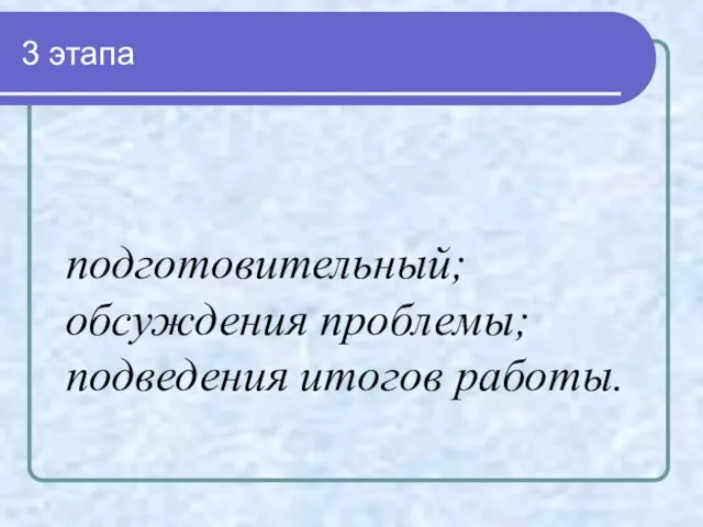 3 этапа подготовительный; обсуждения проблемы; подведения итогов работы.