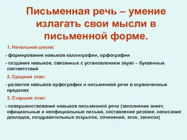 Письменная речь – умение излагать свои мысли в письменной форме. 1.