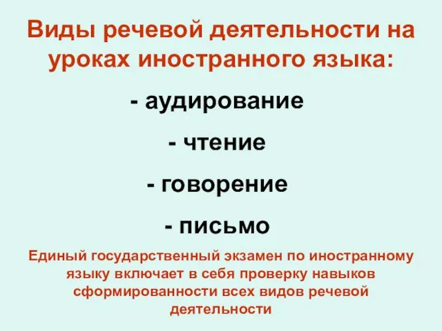 Виды речевой деятельности на уроках иностранного языка: аудирование чтение говорение письмо