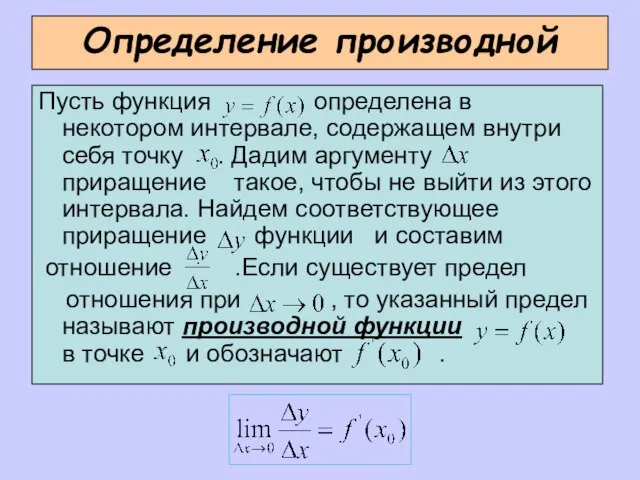 Определение производной Пусть функция определена в некотором интервале, содержащем внутри себя