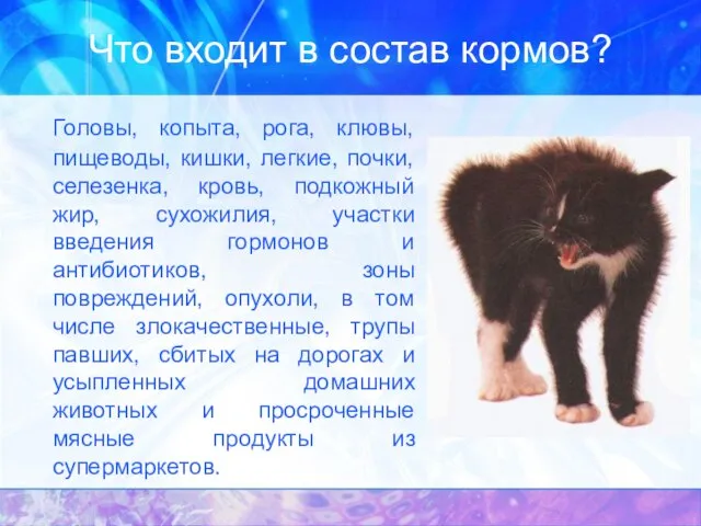 Что входит в состав кормов? Головы, копыта, рога, клювы, пищеводы, кишки,