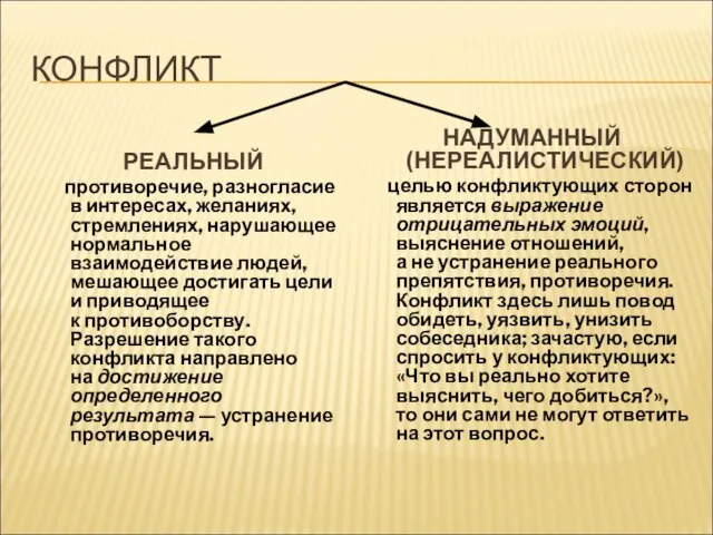 КОНФЛИКТ РЕАЛЬНЫЙ противоречие, разногласие в интересах, желаниях, стремлениях, нарушающее нормальное взаимодействие