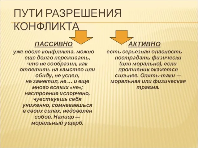 ПУТИ РАЗРЕШЕНИЯ КОНФЛИКТА ПАССИВНО уже после конфликта, можно еще долго переживать,