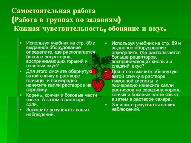 Самостоятельная работа (Работа в группах по заданиям) Кожная чувствительность, обоняние и