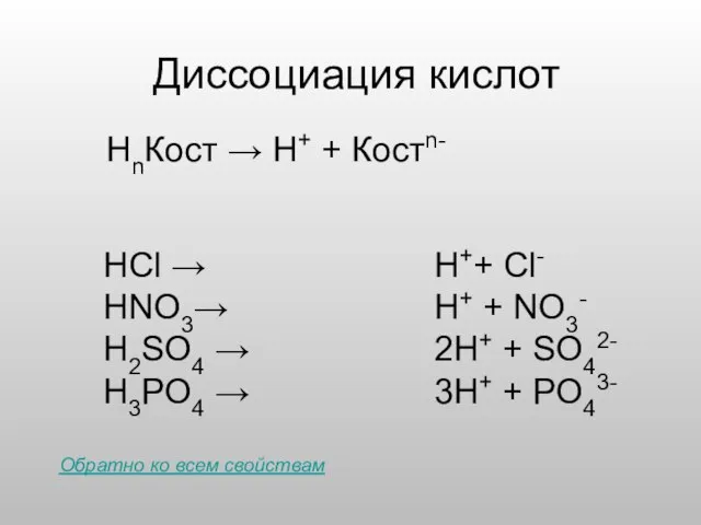 Диссоциация кислот HCl → HNO3→ H2SO4 → H3PO4 → НnКост →