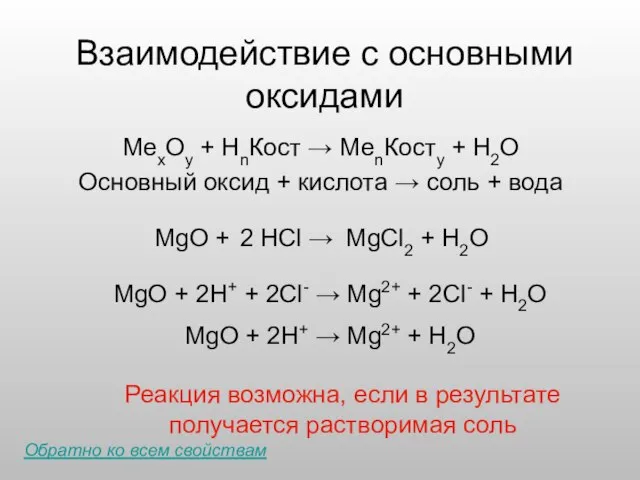 Взаимодействие с основными оксидами МеxOy + HnКост → МеnКостy + H2O