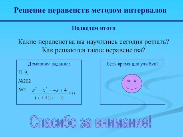 Решение неравенств методом интервалов Подведем итоги Какие неравенства вы научились сегодня