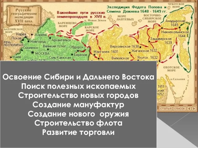 Наука ??? Освоение Сибири и Дальнего Востока Поиск полезных ископаемых Строительство