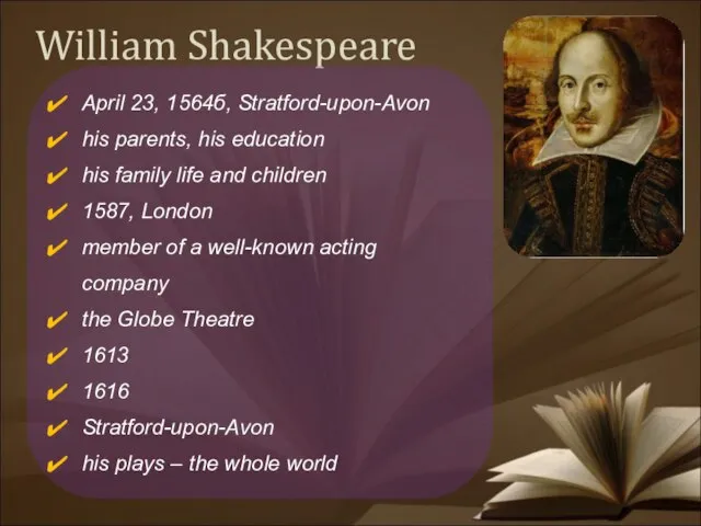 William Shakespeare April 23, 1564б, Stratford-upon-Avon his parents, his education his