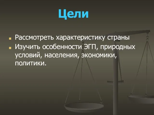 Рассмотреть характеристику страны Изучить особенности ЭГП, природных условий, населения, экономики, политики. Цели