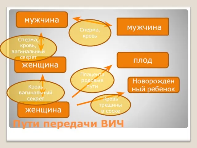 Пути передачи ВИЧ мужчина мужчина плод Новорожденный ребенок женщина женщина Сперма,